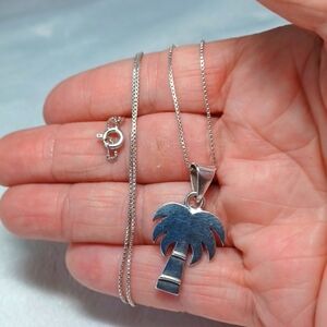 Sterling Silver Unisex    Beach Ocean Palm Tree Pendant  Box Chain Necklace 22 L